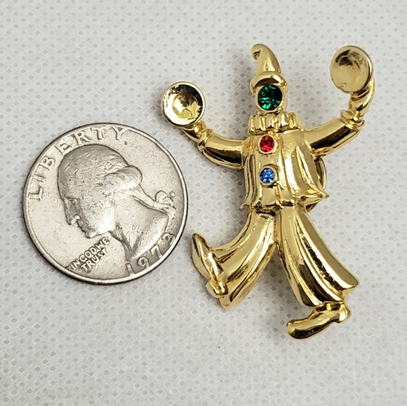 Vintage JJ Gold Rhinestone Clown Dancing Clashing Cymbals Tack Pin - Picture 9 of 10